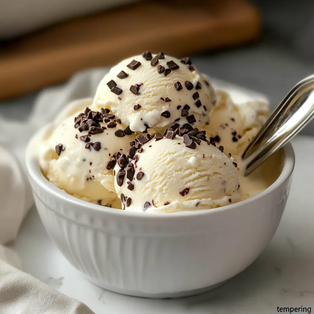 Helado de vainilla casero con chispas de chocolate servido en copa de vidrio.