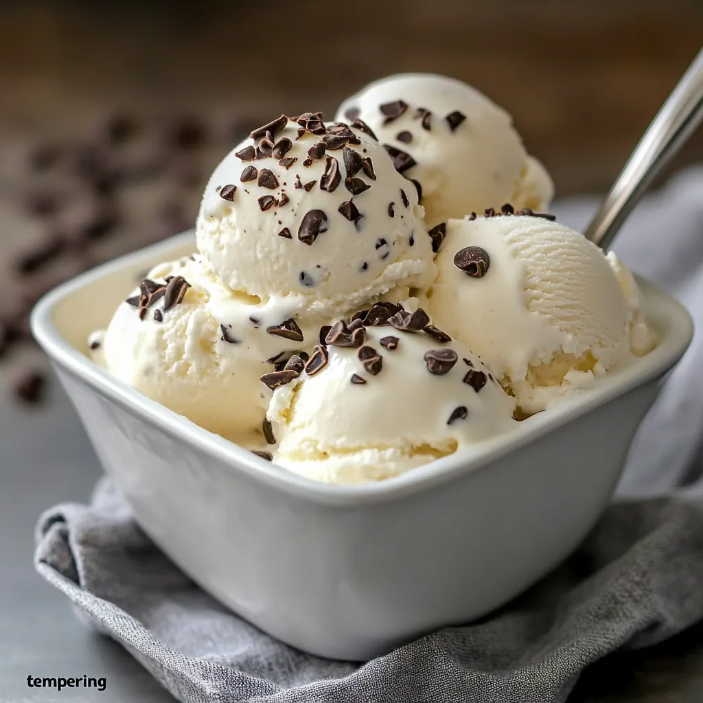 Helado de vainilla casero con chispas de chocolate servido en copa de vidrio.