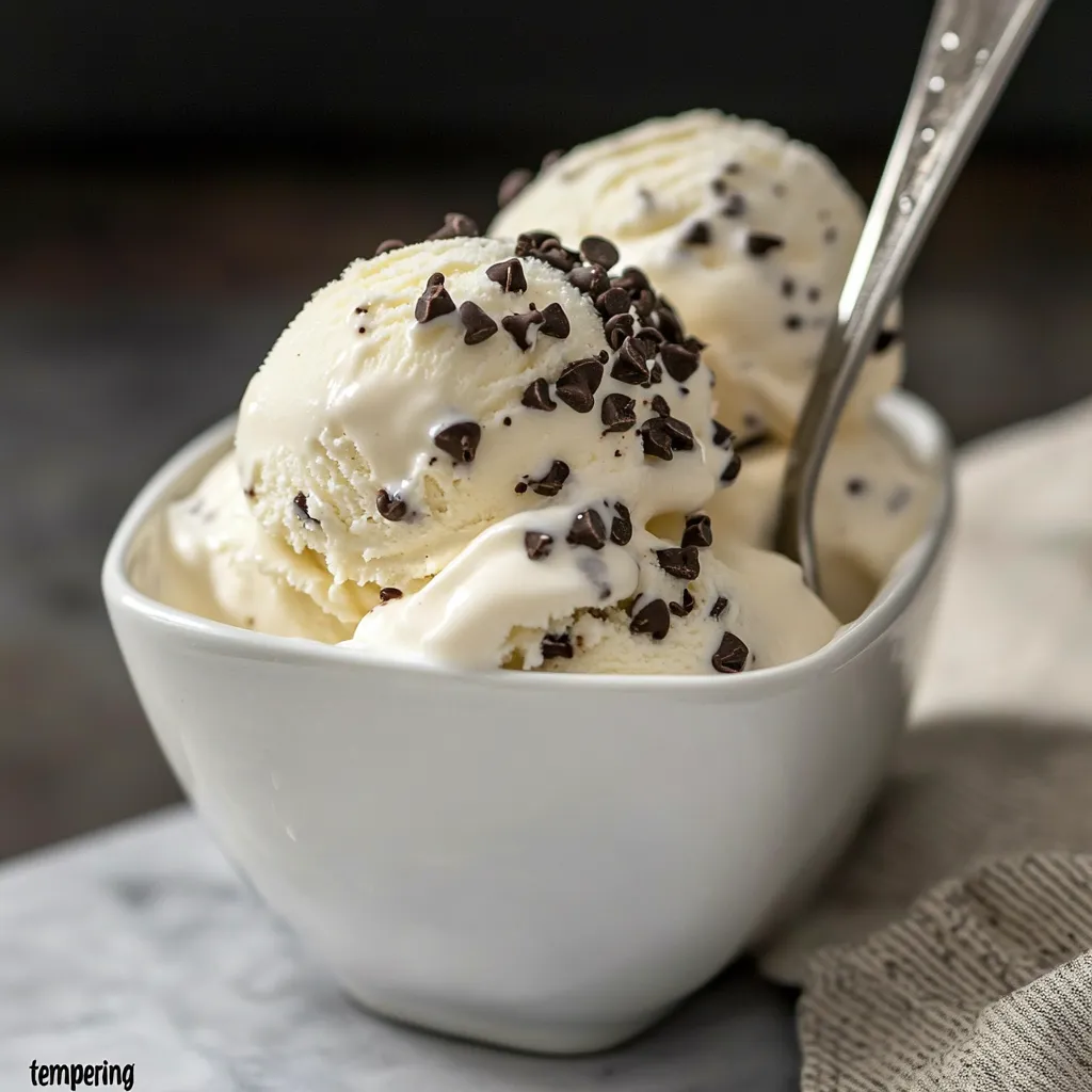 Helado de vainilla casero con chispas de chocolate servido en copa de vidrio.