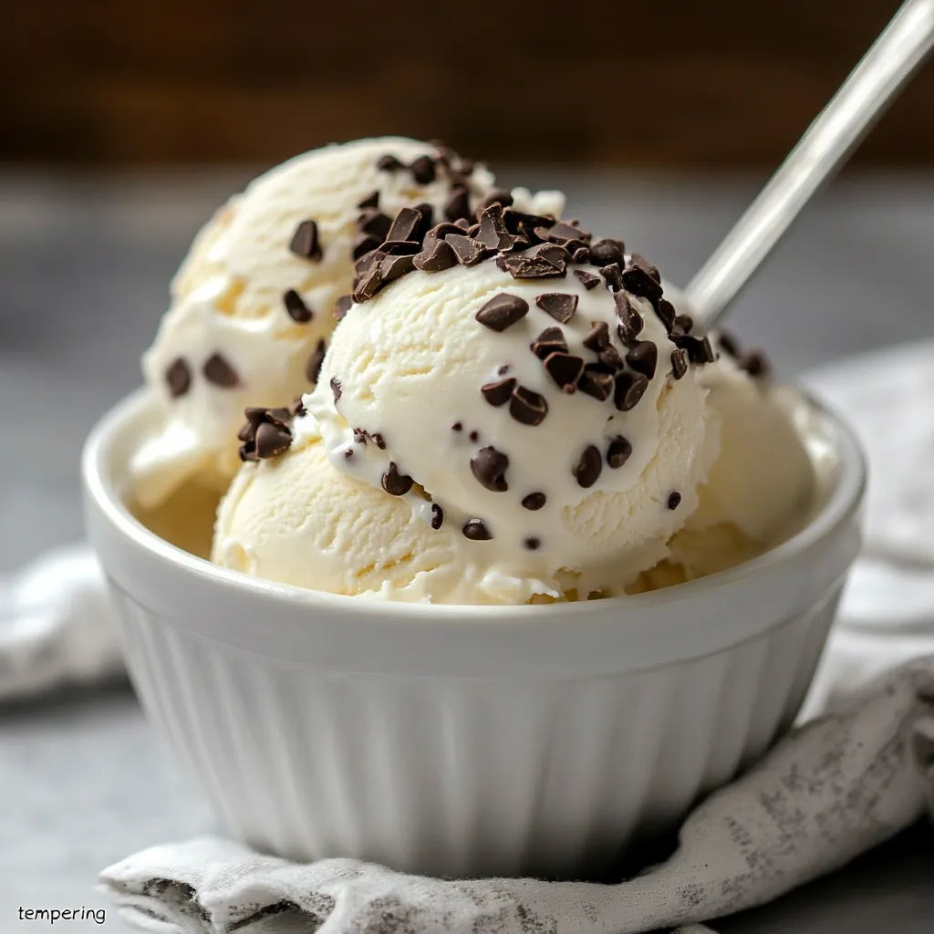 Helado de vainilla casero con chispas de chocolate servido en copa de vidrio.