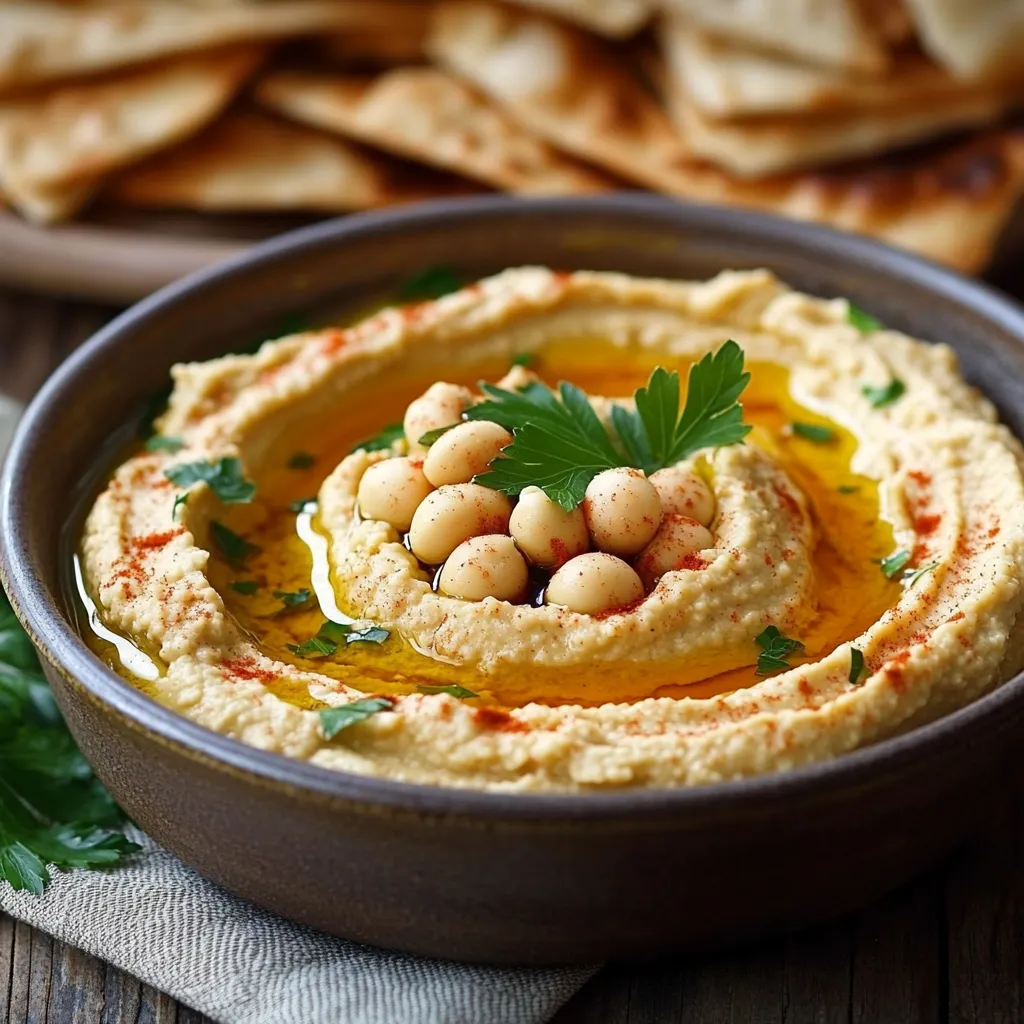 Hummus de garbanzos casero servido en bol con aceite de oliva y pimentón por encima