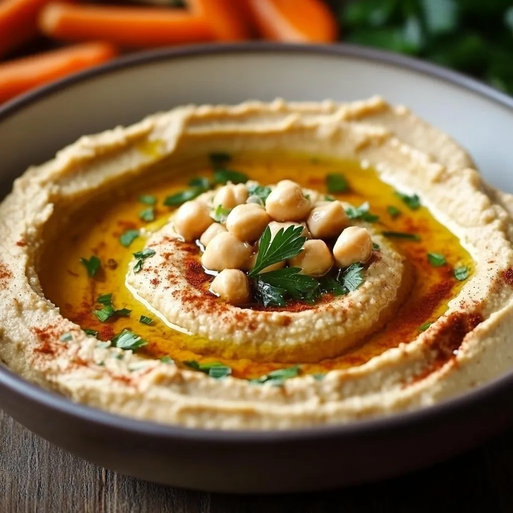 Hummus de garbanzos casero servido en bol con aceite de oliva y pimentón por encima