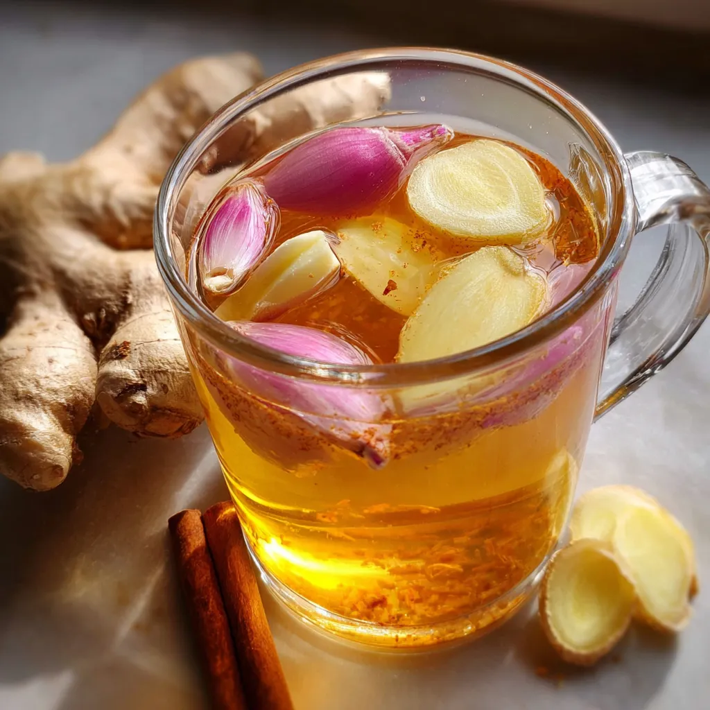 Taza caliente de infusión de cebolla, ajo, jengibre y canela recién preparada sobre fondo rústico