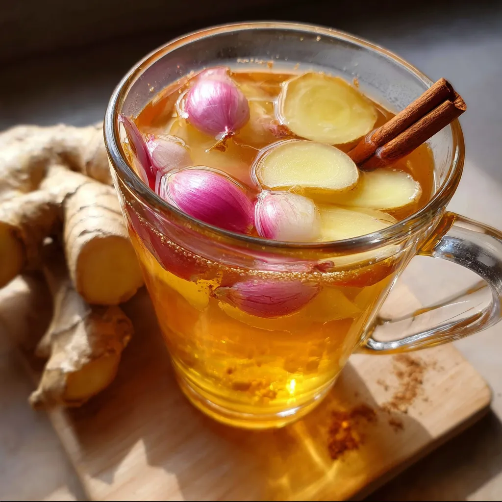 Taza caliente de infusión de cebolla, ajo, jengibre y canela recién preparada sobre fondo rústico