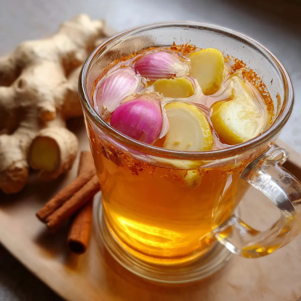 Taza caliente de infusión de cebolla, ajo, jengibre y canela recién preparada sobre fondo rústico