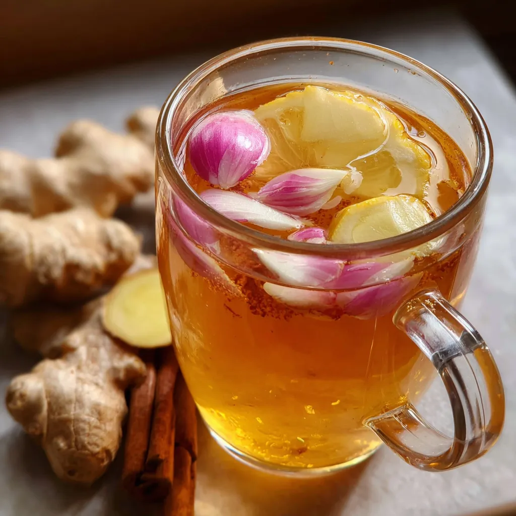 Taza caliente de infusión de cebolla, ajo, jengibre y canela recién preparada sobre fondo rústico