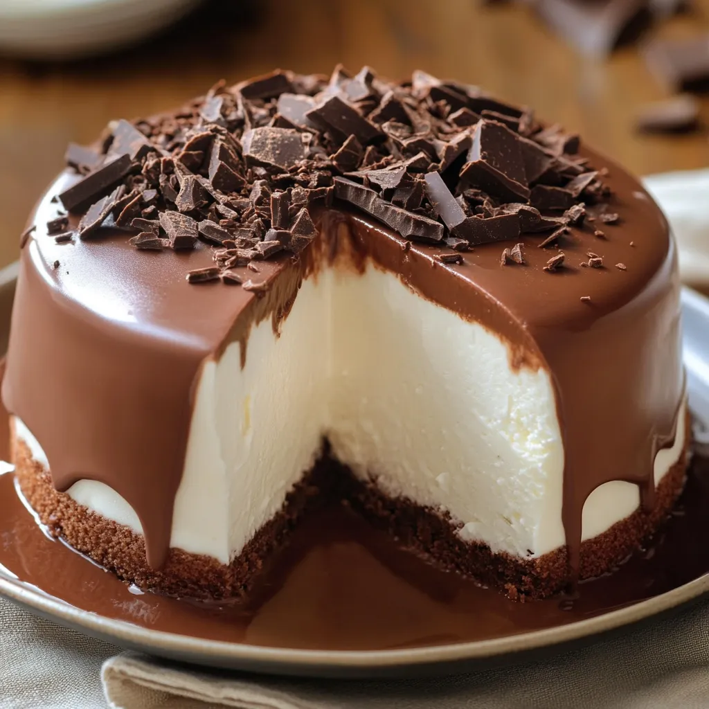 Pastel helado casero con cobertura de chocolate servido en plato blanco
