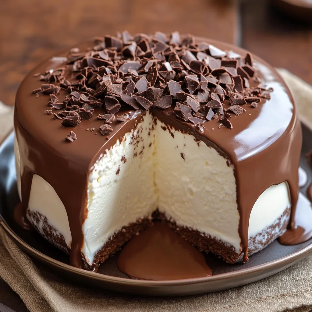 Pastel helado casero con cobertura de chocolate servido en plato blanco