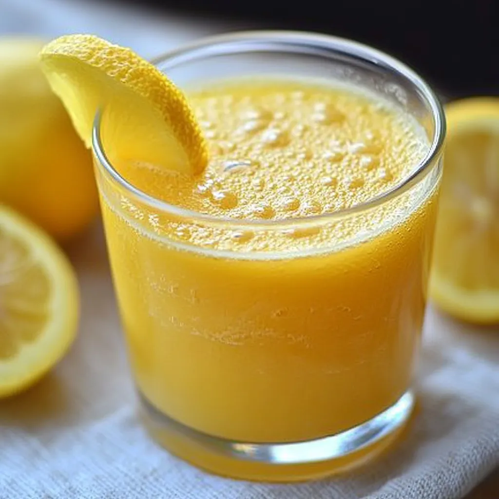 Jugo de limón con piña y zanahoria servido en vaso transparente, con rodaja de limón y hojas de menta
