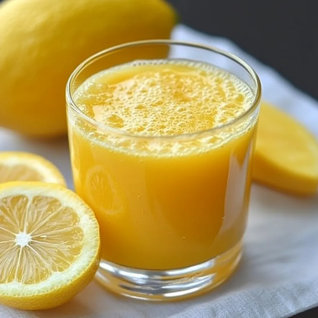 Jugo de limón con piña y zanahoria servido en vaso transparente, con rodaja de limón y hojas de menta