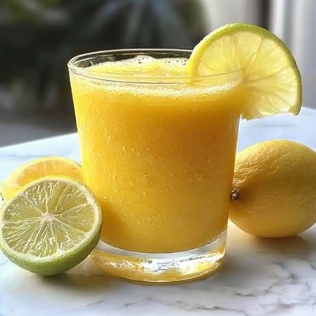 Jugo de limón con piña y zanahoria servido en vaso transparente, con rodaja de limón y hojas de menta