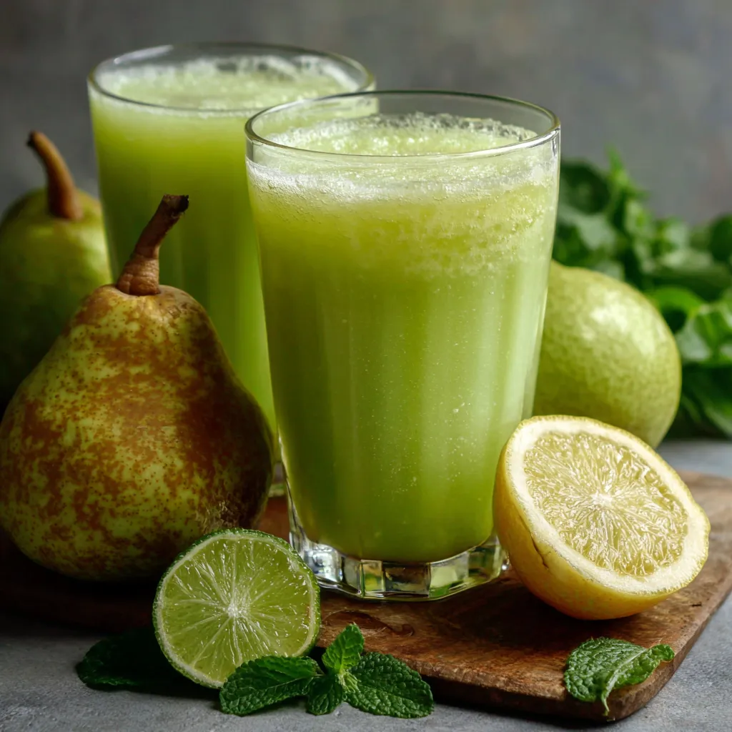 Vaso de jugo de pera y pepino servido con rodajas frescas de fruta y hojas de menta.