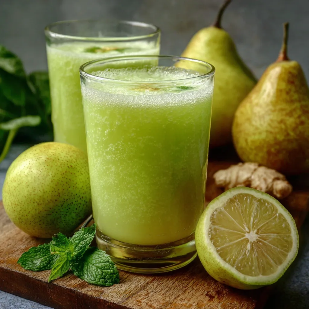 Vaso de jugo de pera y pepino servido con rodajas frescas de fruta y hojas de menta.