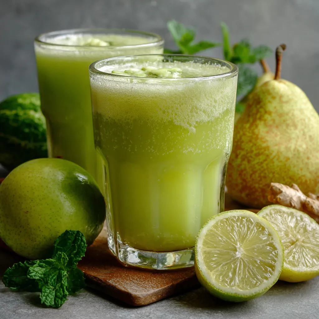 Vaso de jugo de pera y pepino servido con rodajas frescas de fruta y hojas de menta.