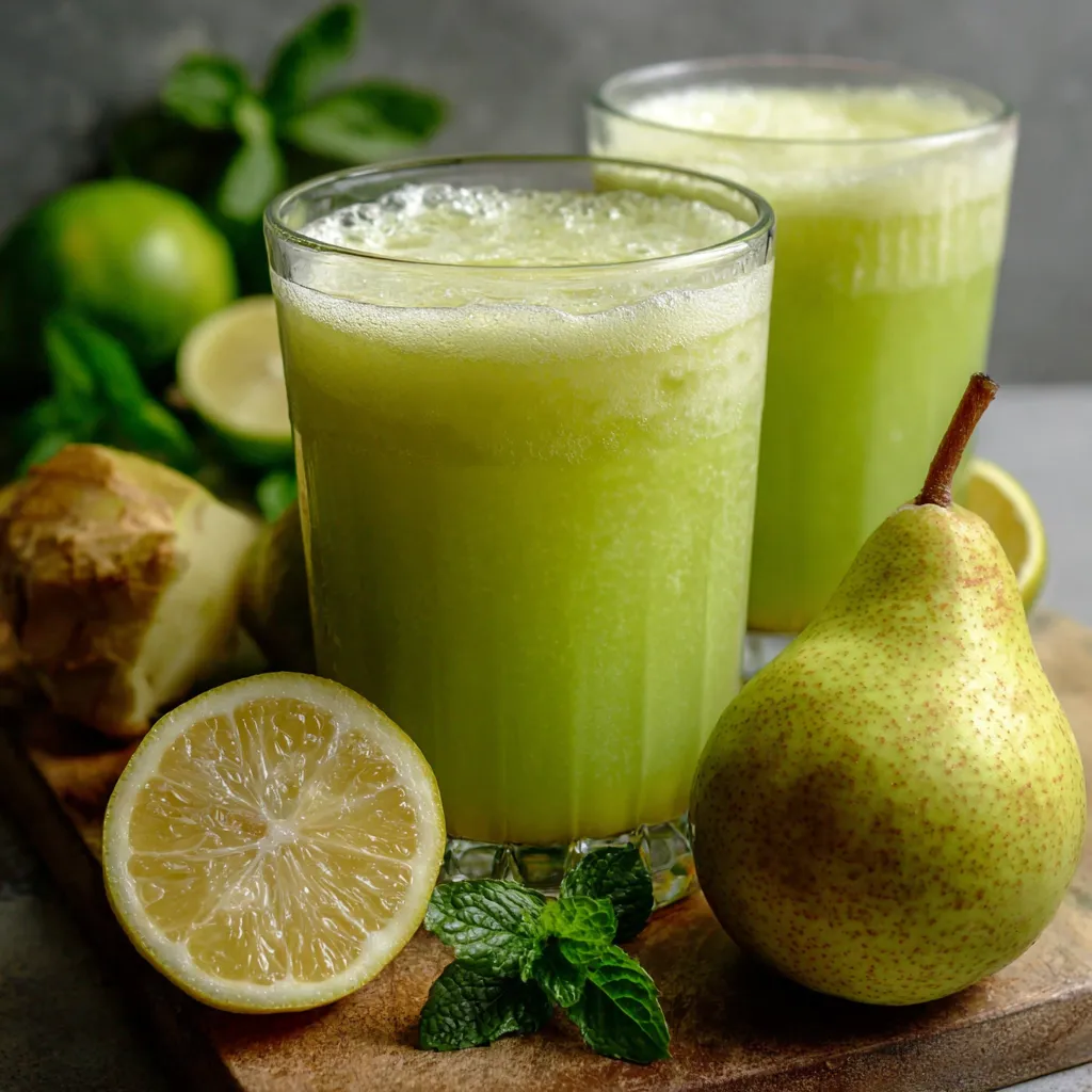 Vaso de jugo de pera y pepino servido con rodajas frescas de fruta y hojas de menta.
