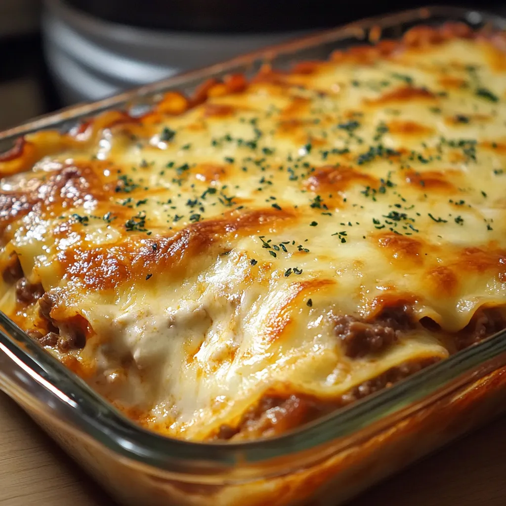 Lasaña de carne casera recién salida del horno con queso gratinado y salsa bechamel