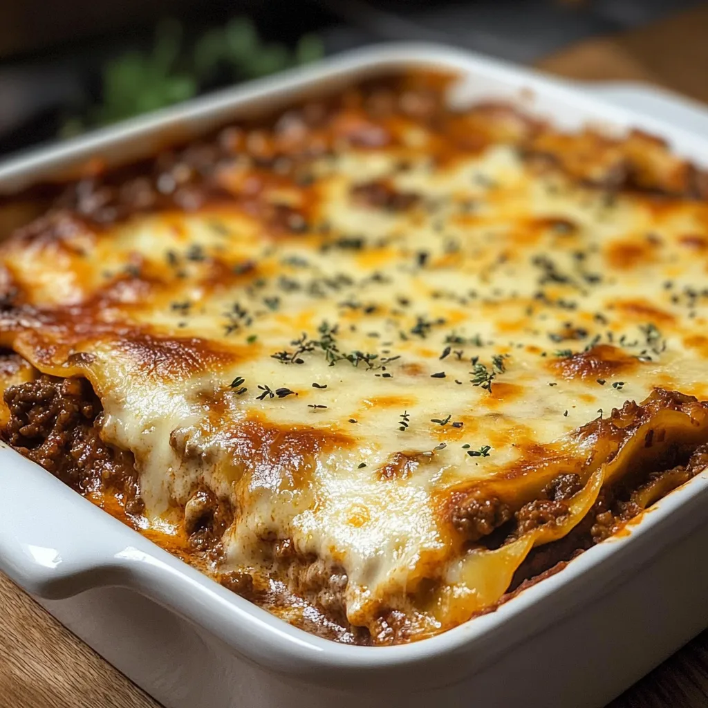 Lasaña de carne casera recién salida del horno con queso gratinado y salsa bechamel