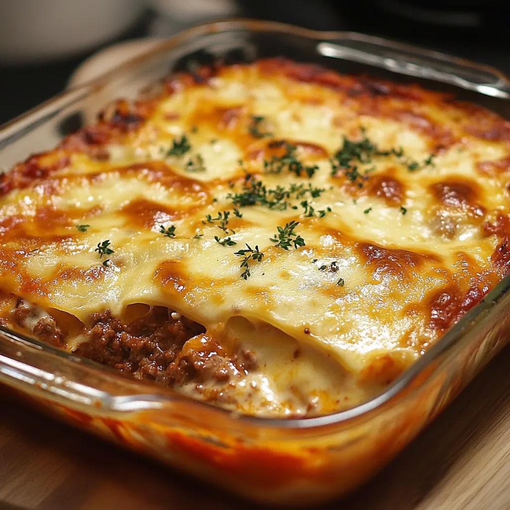 Lasaña de carne casera recién salida del horno con queso gratinado y salsa bechamel