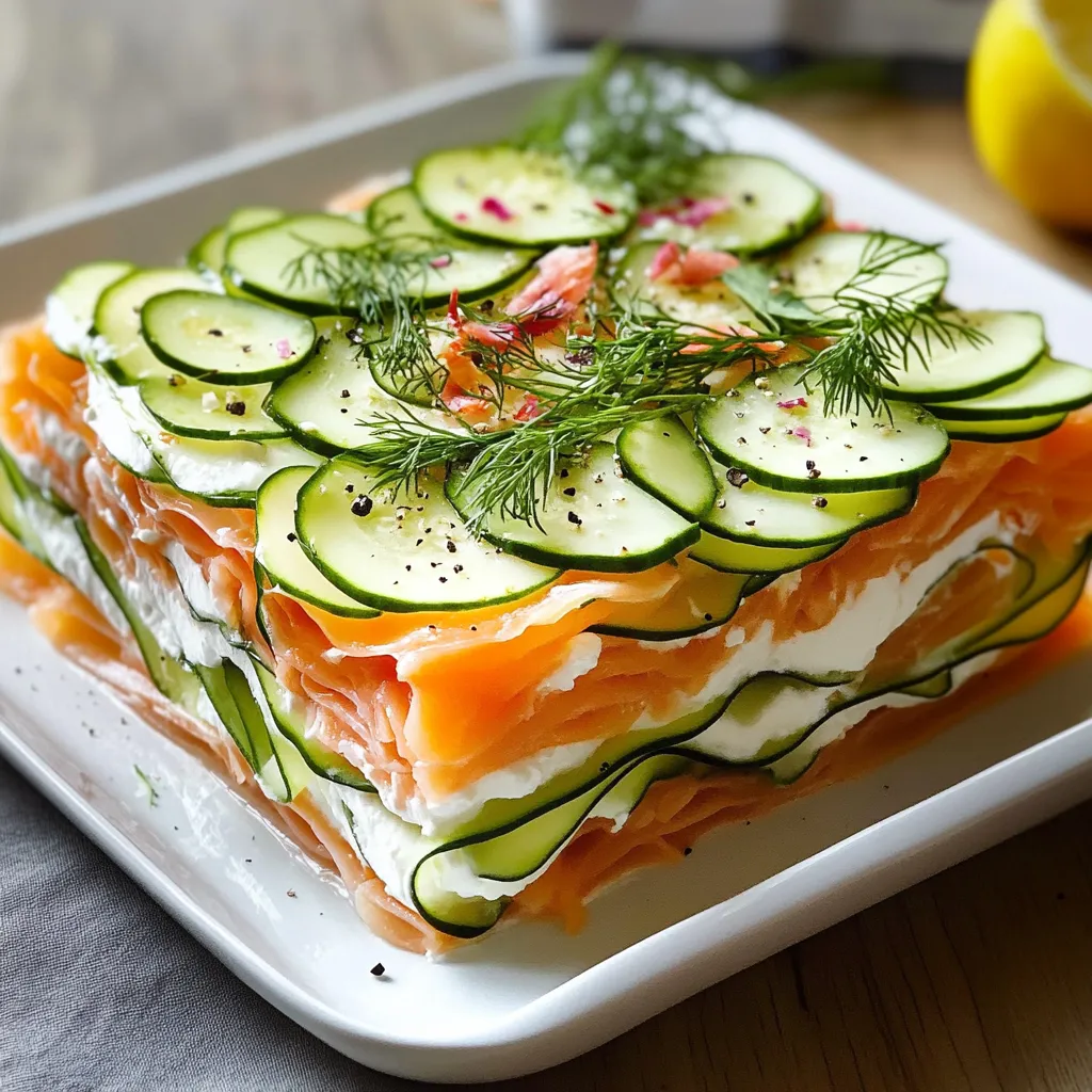 Lasagnes froides de concombre, saumon et sauce citron-aneth servies en assiette élégante.
