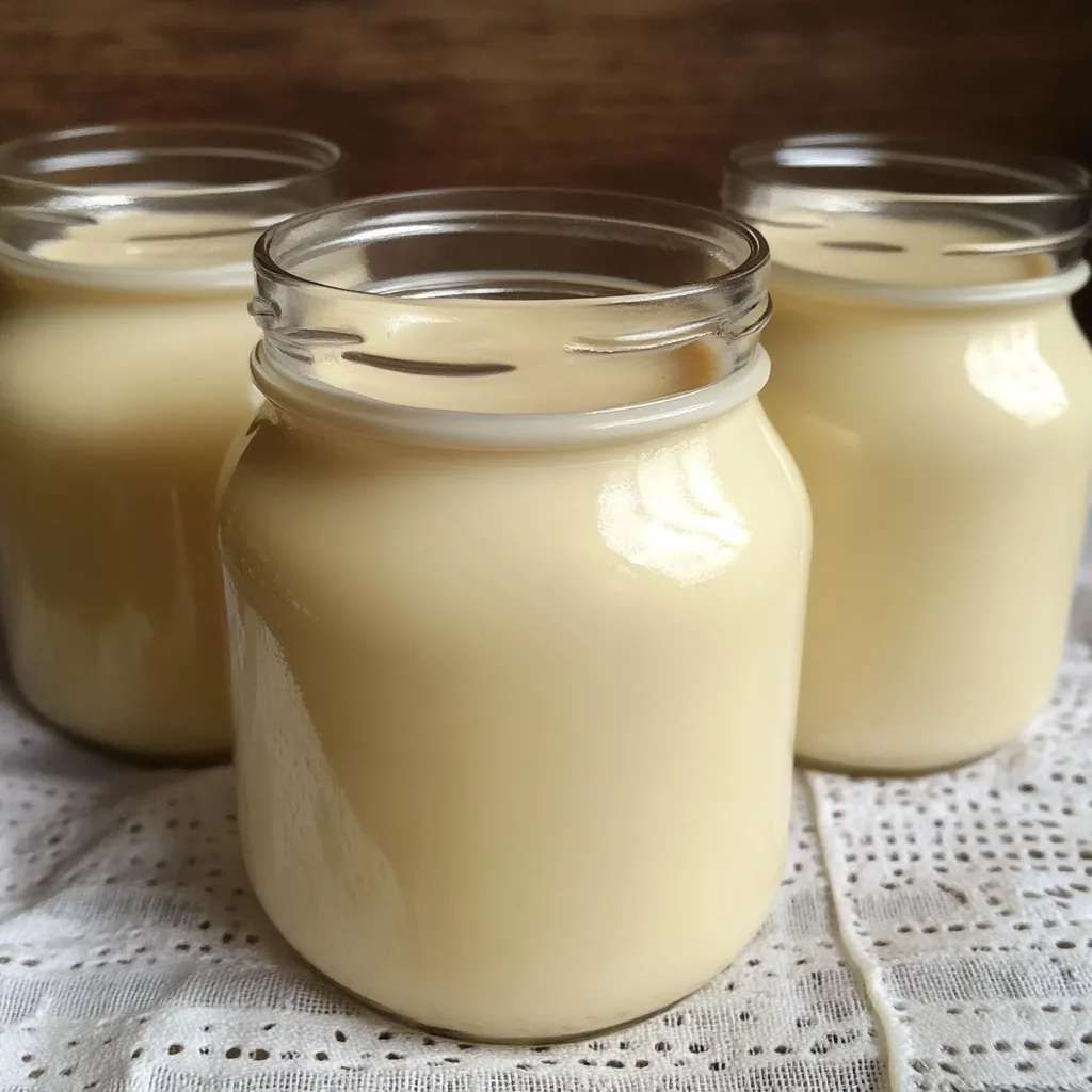 leche condensada casera en un frasco de vidrio sobre fondo blanco