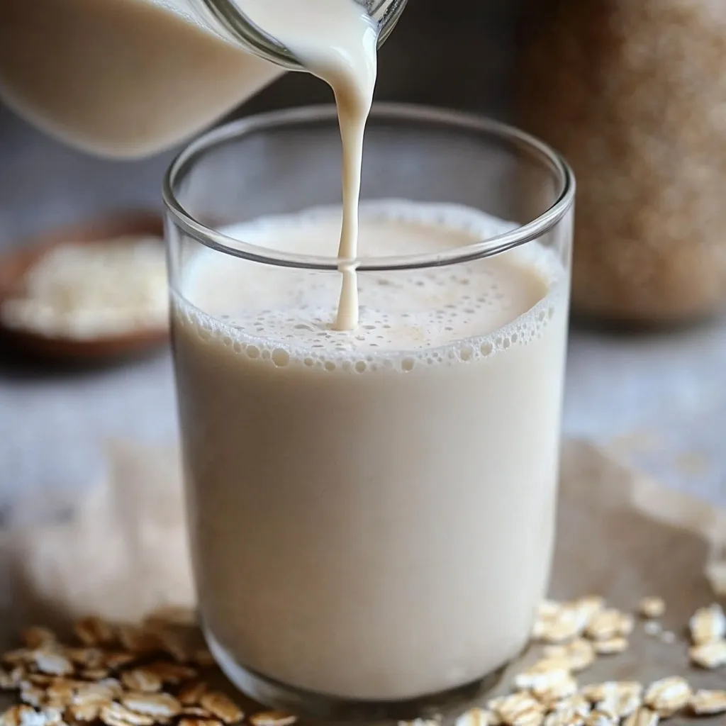 Leche de avena casera servida en vaso con frasco de vidrio al fondo