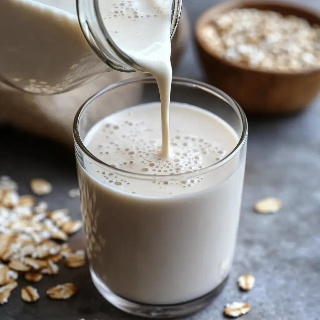 Leche de avena casera servida en vaso con frasco de vidrio al fondo