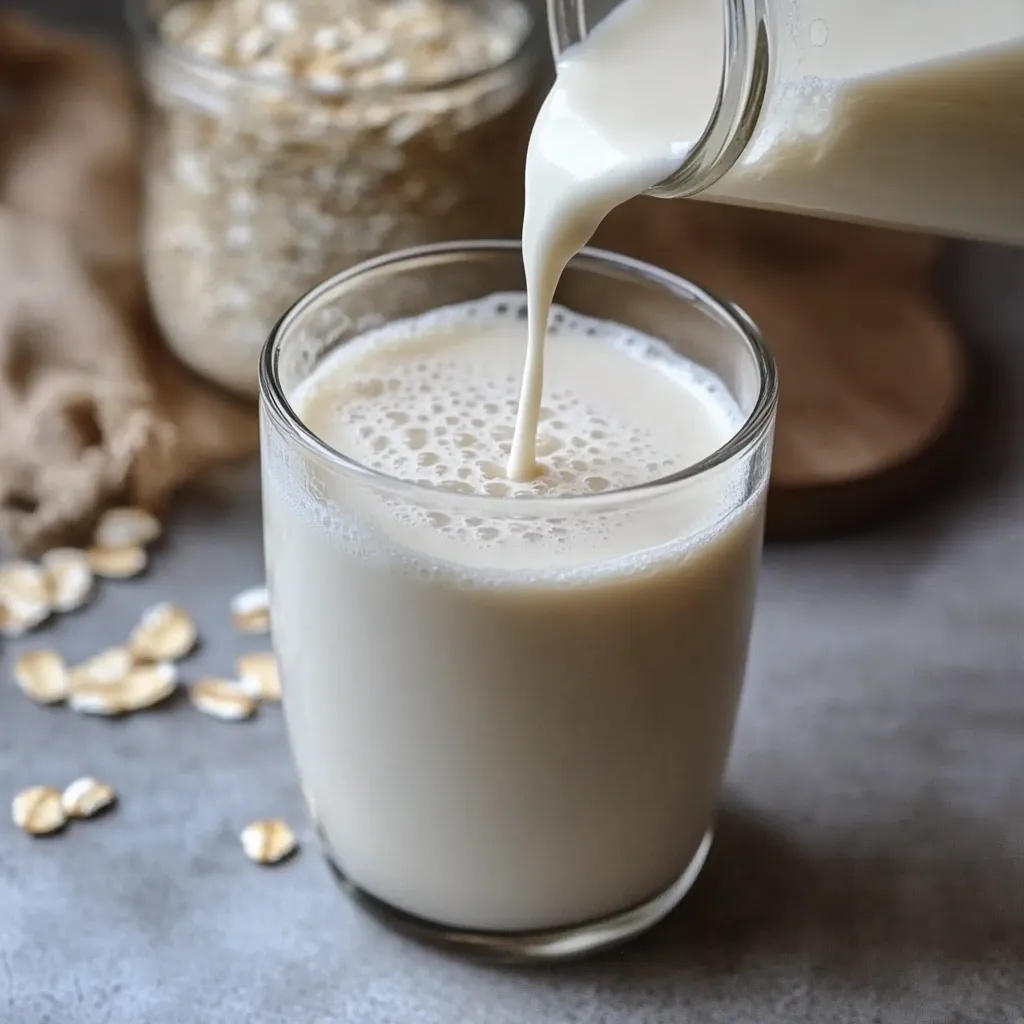 Leche de avena casera servida en vaso con frasco de vidrio al fondo