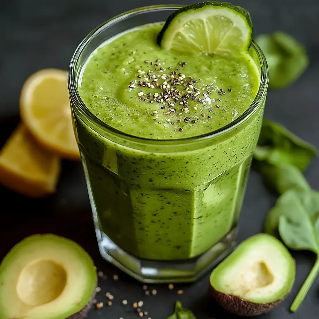Licuado verde en vaso transparente, rodeado de ingredientes frescos como manzana verde, espinaca y aguacate
