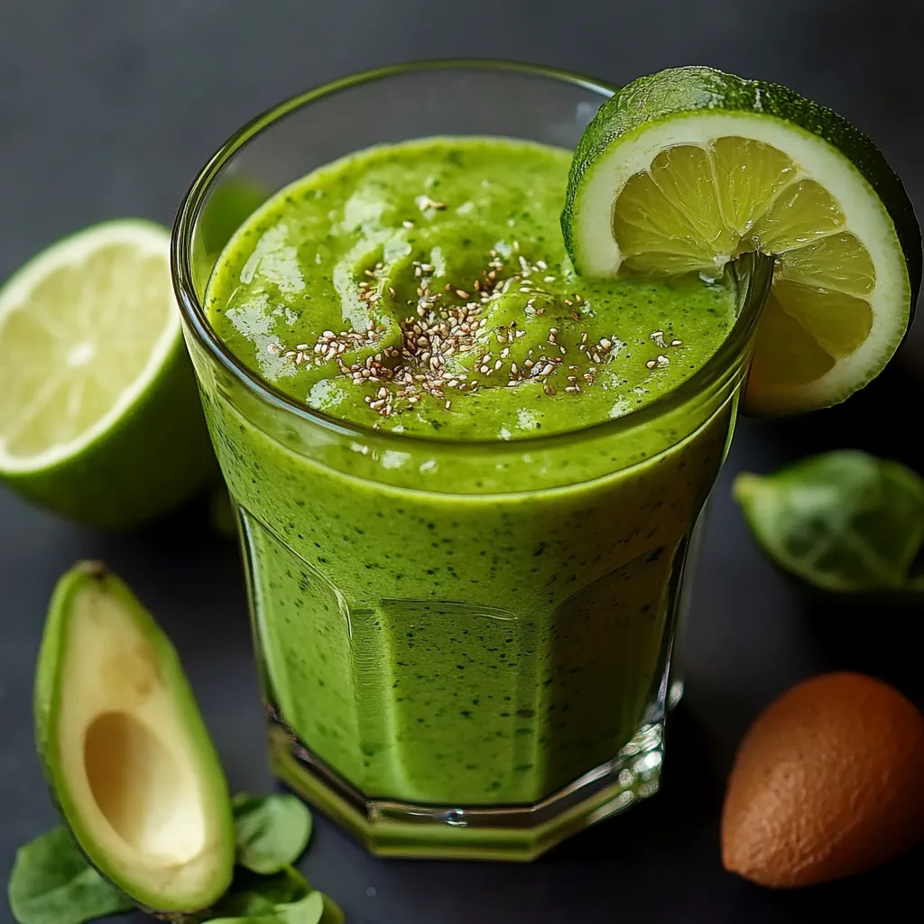 Licuado verde en vaso transparente, rodeado de ingredientes frescos como manzana verde, espinaca y aguacate
