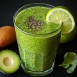 Licuado verde en vaso transparente, rodeado de ingredientes frescos como manzana verde, espinaca y aguacate
