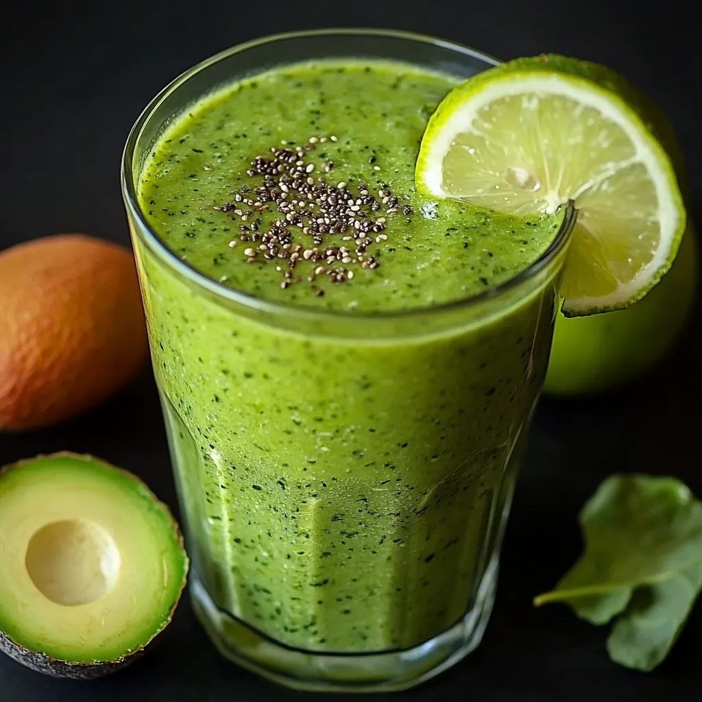 Licuado verde en vaso transparente, rodeado de ingredientes frescos como manzana verde, espinaca y aguacate