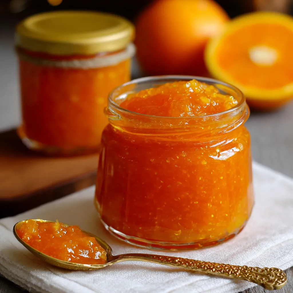 Frasco de mermelada casera de naranja y zanahoria sin azúcar sobre mesa rústica