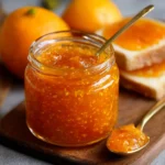 Frasco de mermelada casera de naranja y zanahoria sin azúcar sobre mesa rústica