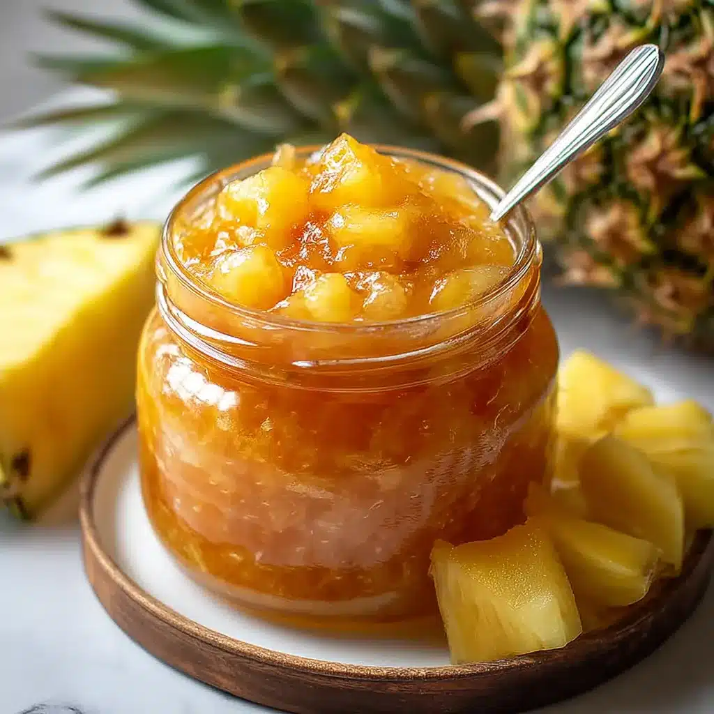 Frasco de mermelada de piña casera recién preparado con trozos visibles de fruta.