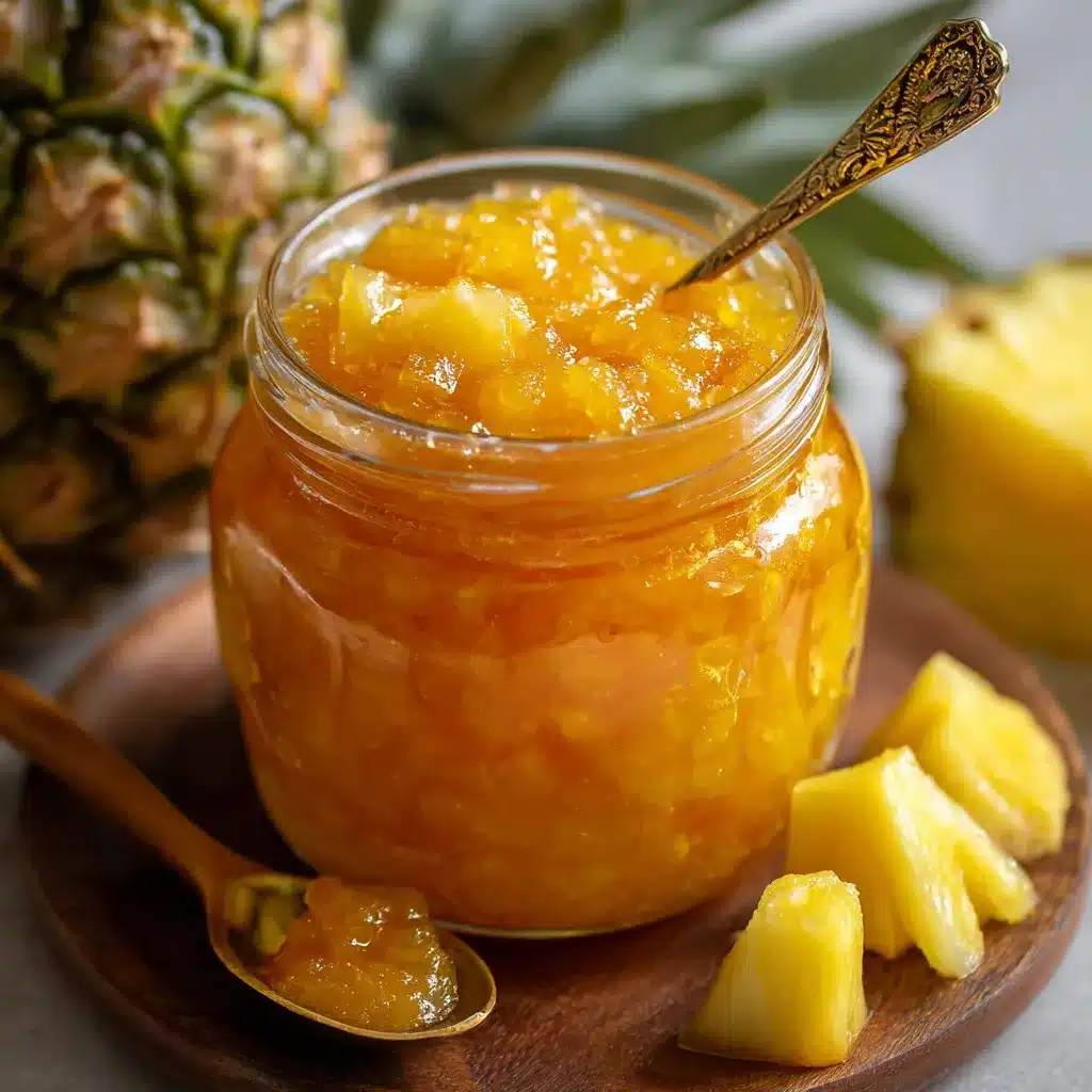 Frasco de mermelada de piña casera recién preparado con trozos visibles de fruta.