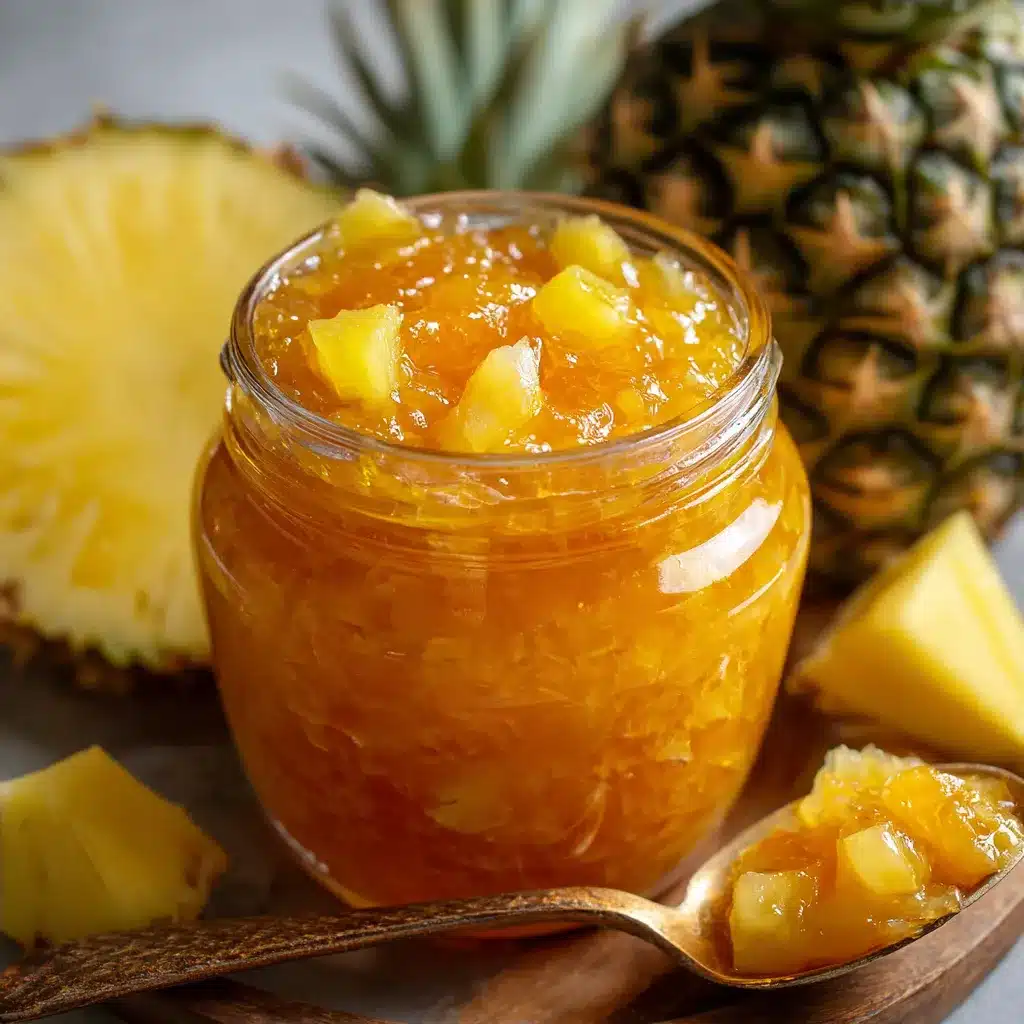 Frasco de mermelada de piña casera recién preparado con trozos visibles de fruta.