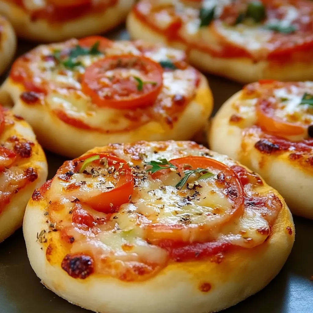 Mini pizzas caseras recién horneadas con queso derretido y toppings variados.