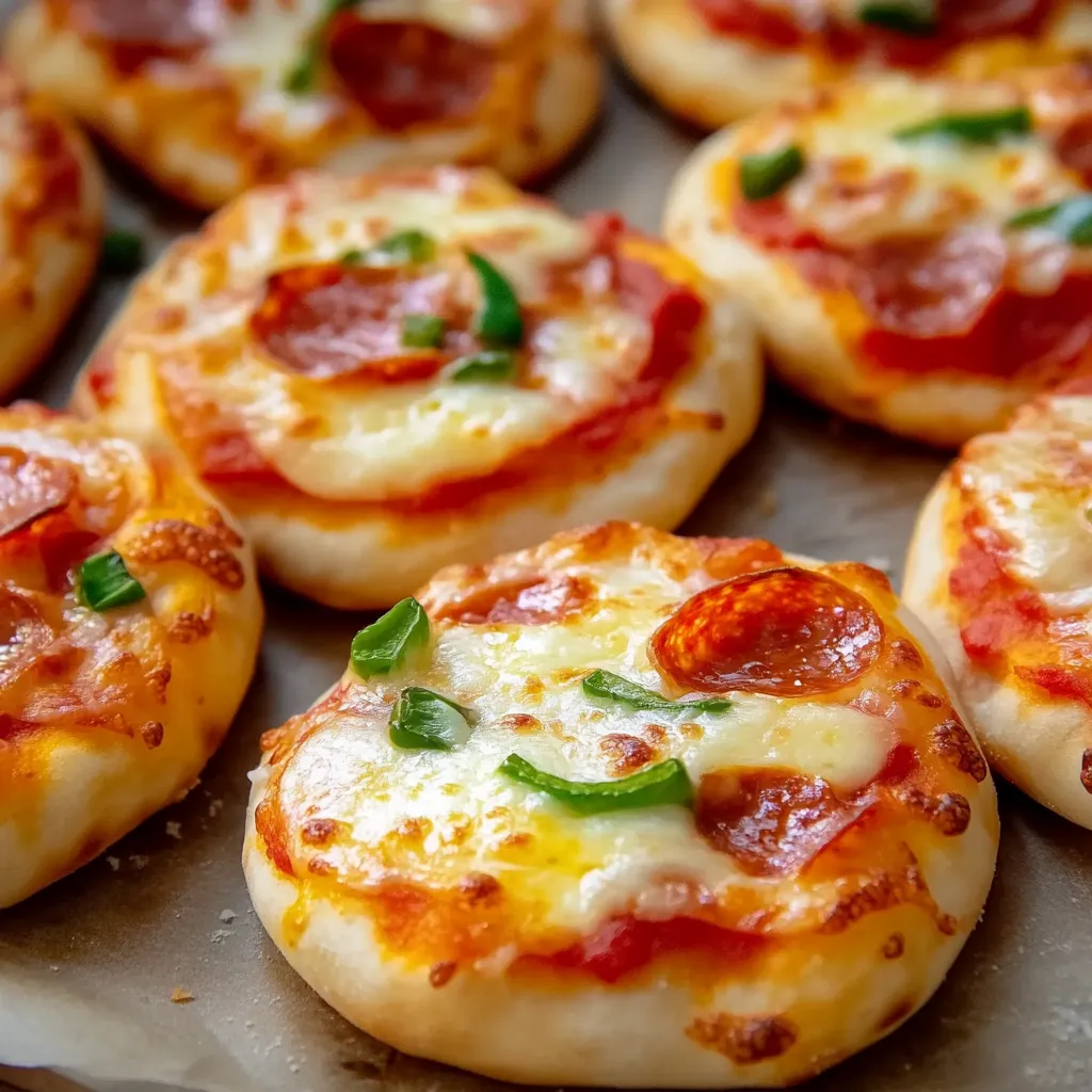Mini pizzas caseras recién horneadas con queso derretido y toppings variados.