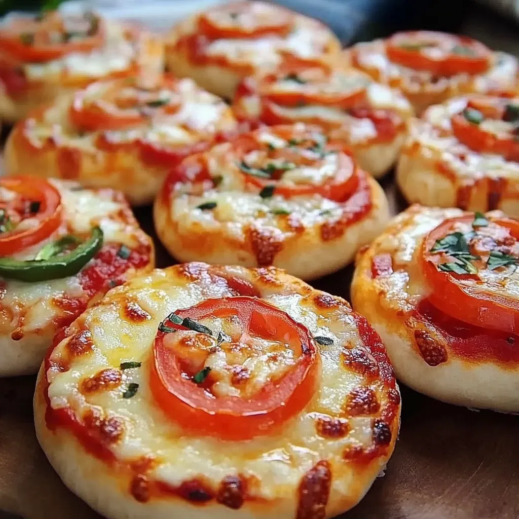 Mini pizzas caseras recién horneadas con queso derretido y toppings variados.