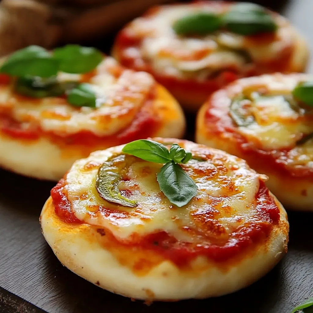 Mini pizzas caseras recién horneadas con queso derretido y toppings variados.