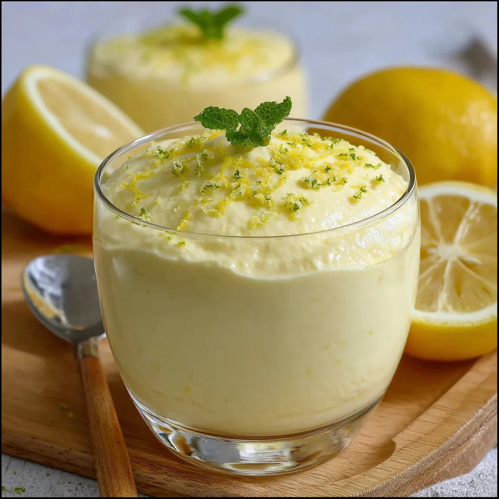 Mousse de limón casero servido en copas con ralladura de limón por encima