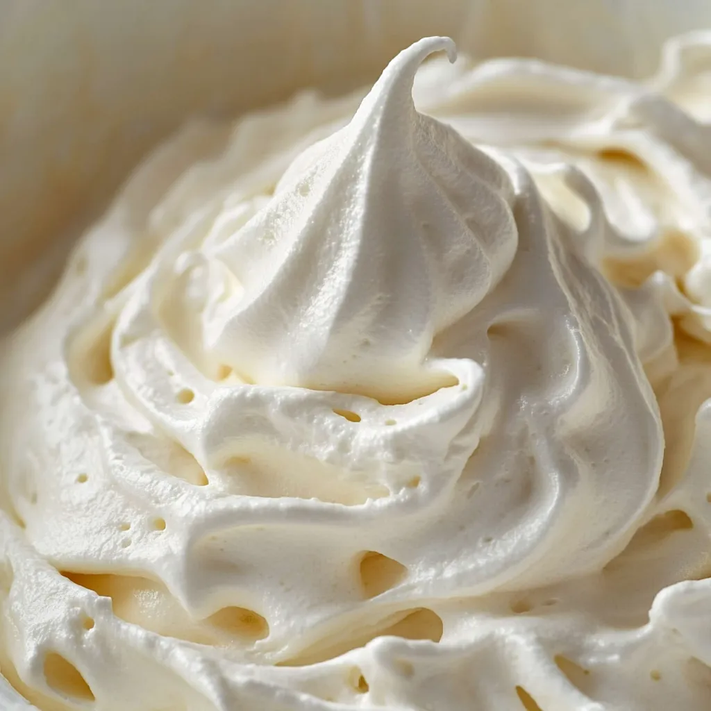 Merengue clásico casero montado a punto de nieve en bol de acero inoxidable