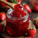 Frasco de mermelada de fresa casera con textura espesa y color rojo brillante