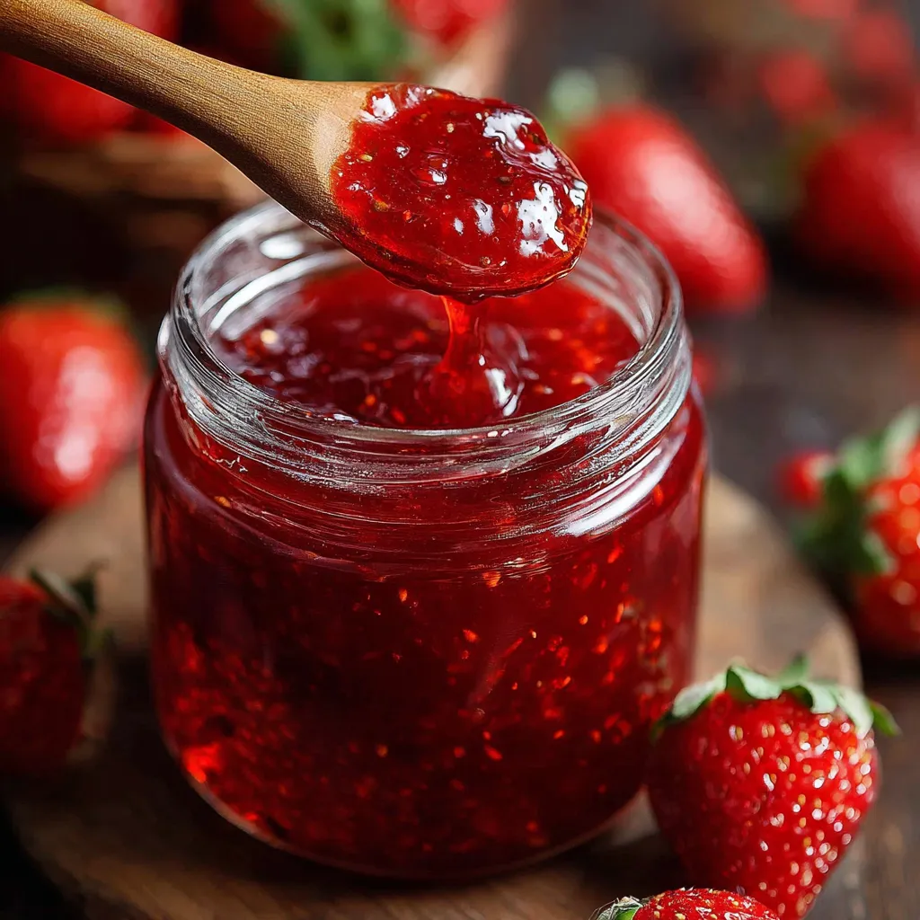 Frasco de mermelada de fresa casera con textura espesa y color rojo brillante