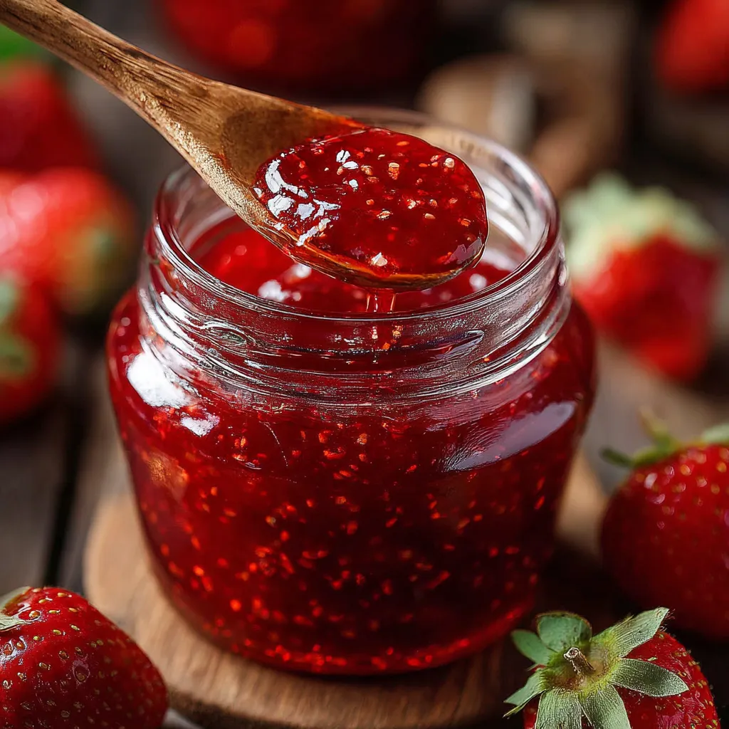 Frasco de mermelada de fresa casera con textura espesa y color rojo brillante