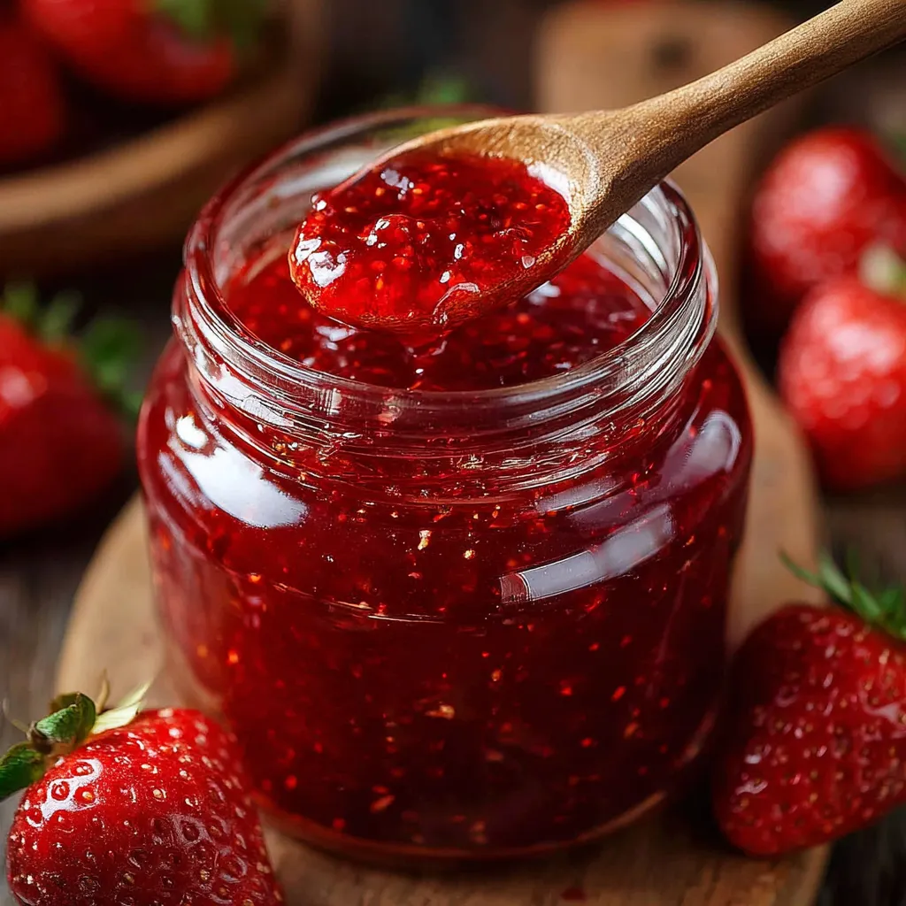Frasco de mermelada de fresa casera con textura espesa y color rojo brillante