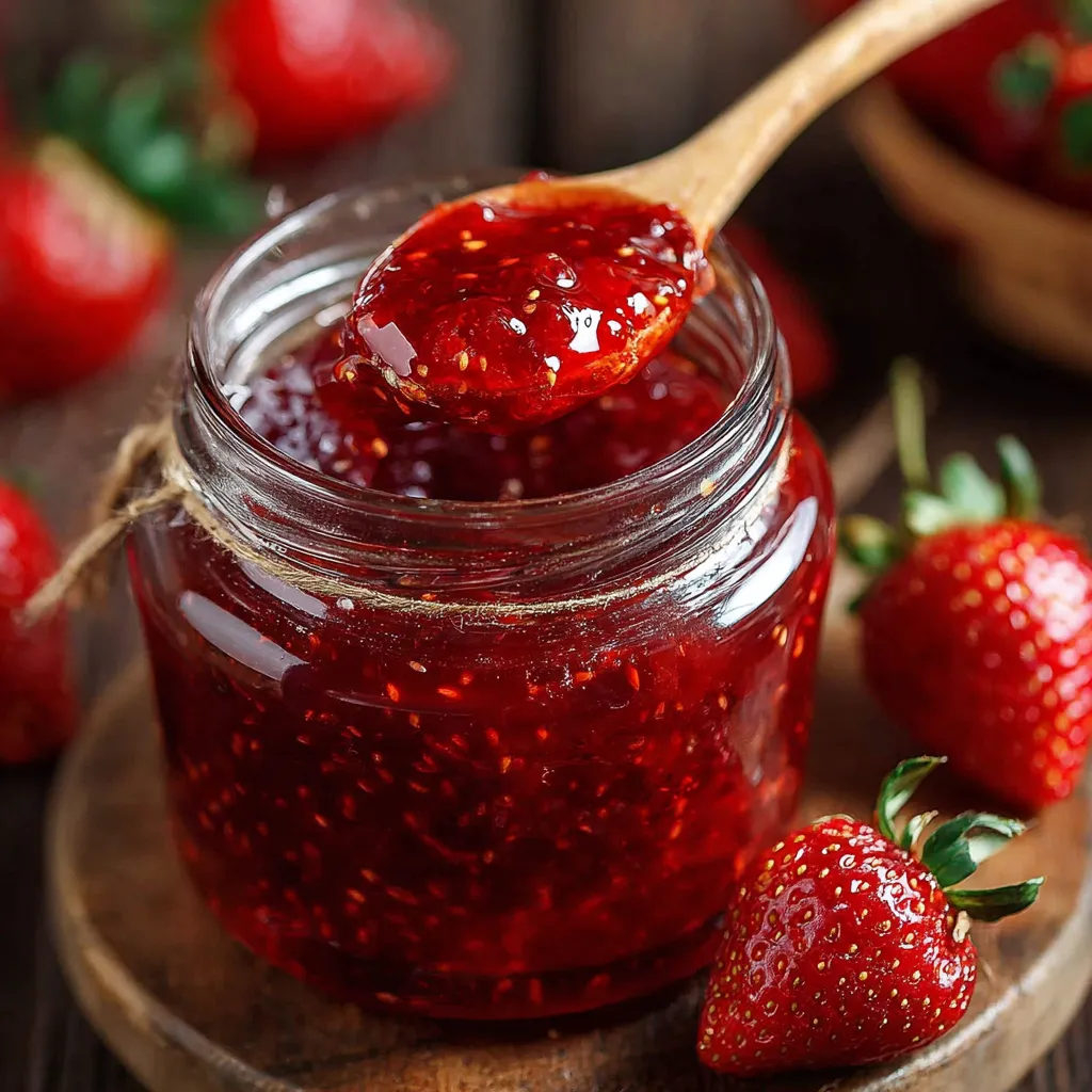 Frasco de mermelada de fresa casera con textura espesa y color rojo brillante