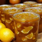Frasco de mermelada de naranja casera sobre una mesa con rebanadas de pan