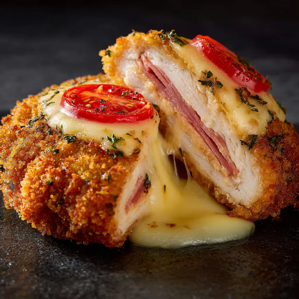 Milanesa a la Napolitana sin cerdo recién salida del horno con queso fundido y salsa de tomate