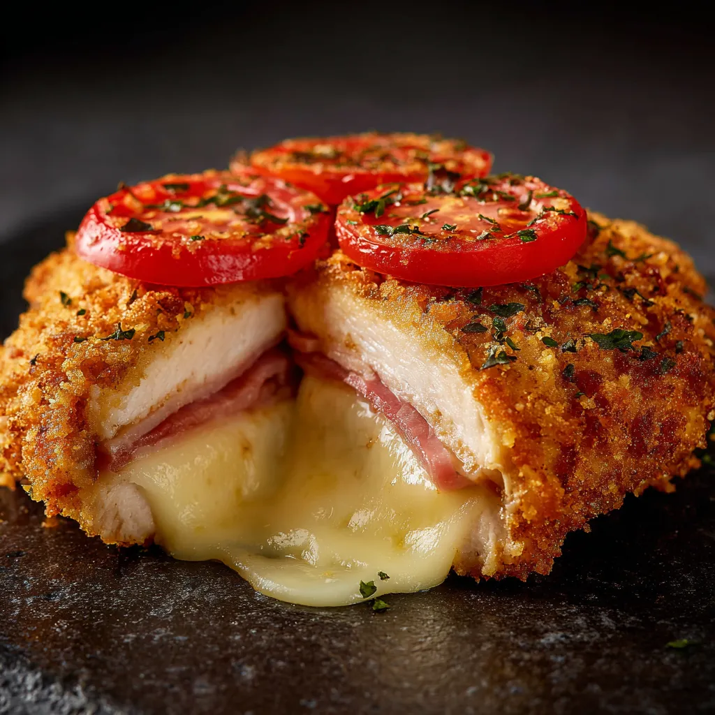 Milanesa a la Napolitana sin cerdo recién salida del horno con queso fundido y salsa de tomate
